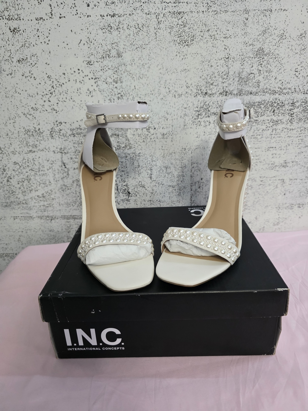 INC International Concepts White Pearl-Embellished Ankle-Strap Heels